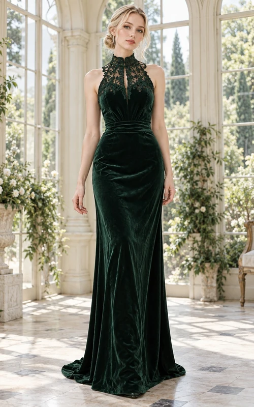 Vestido de dama de honor gótico de terciopelo esmeralda con cuello alto, escote halter, encaje y abertura en forma de ojo de cerradura, de estilo sirena gótico.
