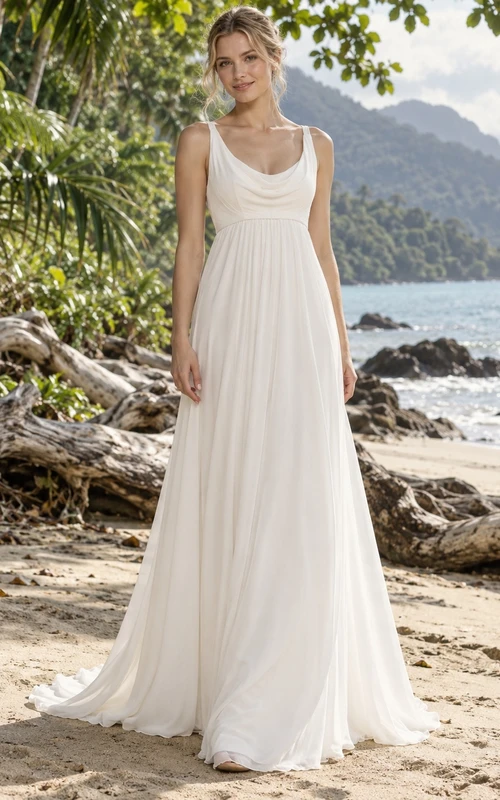Schlichtes, ärmelloses Brautkleid in A-Linie mit rundem Ausschnitt und bodenlanger Silhouette, natürlicher Taille