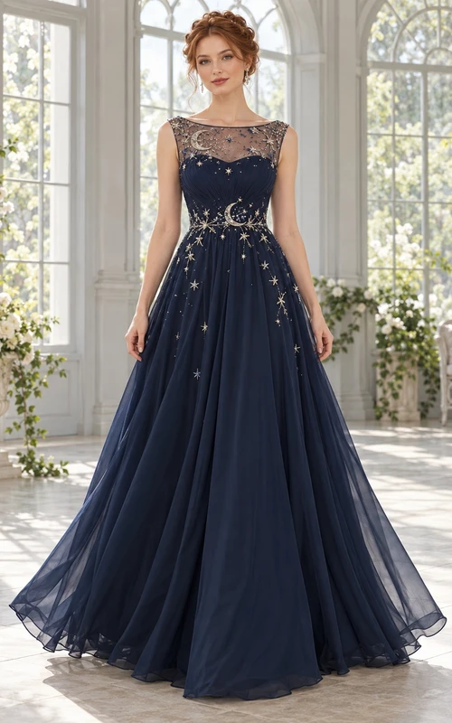 Dark Navy Moon Embroidered Illusion Neck A-line Evening Gown