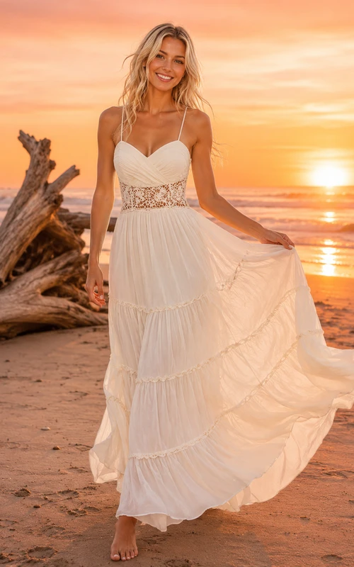 Robe de mariée asymétrique en mousseline à volants, coupe trapèze, style plage