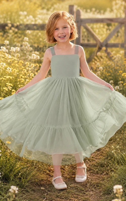 Robe de demoiselle d'honneur en tulle bleu sauge, col carré, bretelles spaghetti à volants, longueur thé, coupe trapèze, idéale pour un mariage champêtre.