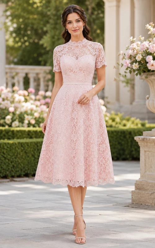 Blush Lace Illusion Neck Pastel Afternoon Tea Dress