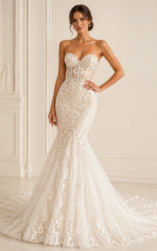 Süßes Brautkleid mit floraler Spitze, Meerjungfrauen-Stil, luxuriöser Kapellenschleppe und Lagen