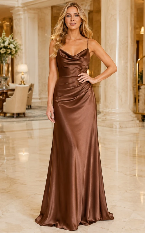Robe de soirée fourreau en satin chocolat, col bénitier, sans manches, drapée, longueur au sol