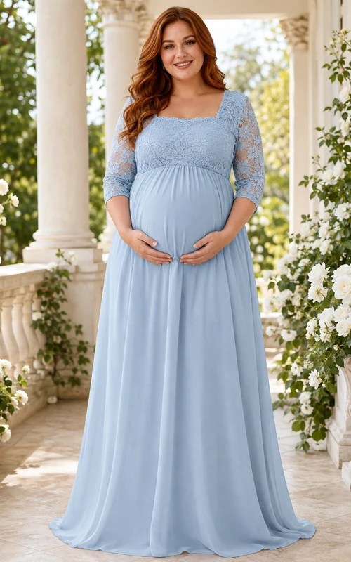 Sky Blue Plus-Size Maternity Lace Square-Neck A-Line Floor-Length Half-Sleeve Romantic Evening Gown