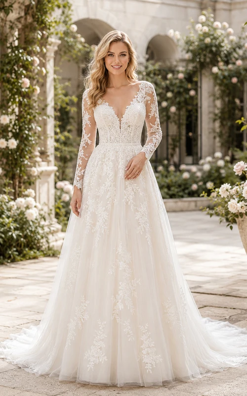 Robe de mariée romantique à col en V, dentelle illusion, manches longues et traîne chapelle