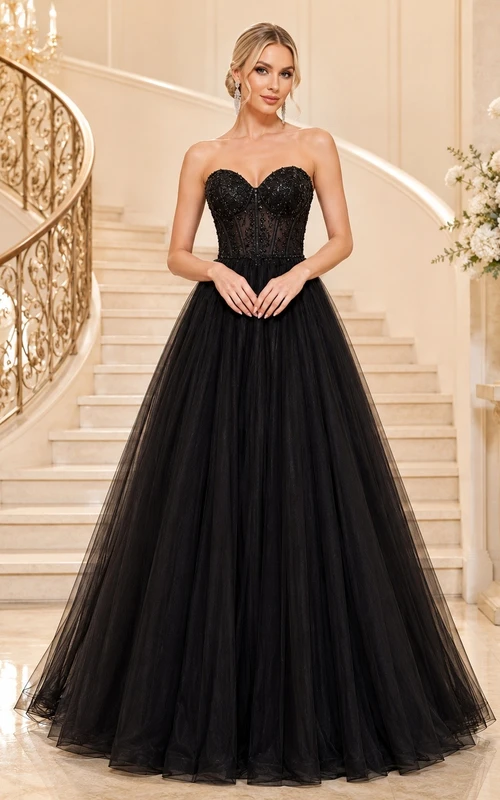 Vestido de gala largo de tul negro sin mangas con escote corazón y lujoso vestido de baile negro.