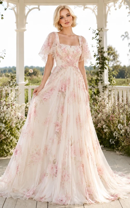 Rosafarbenes, bodenlanges Chiffon-Hochzeitskleid mit eckigem Ausschnitt, kurzen Ärmeln und A-Linien-Schnitt sowie floralem Gartenmuster