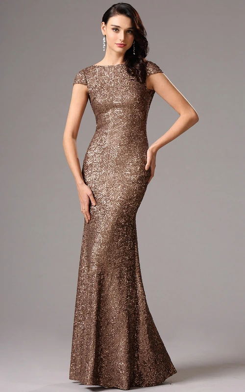 Robe fourreau longue à manches courtes et dos nu ornée de sequins, style bateau