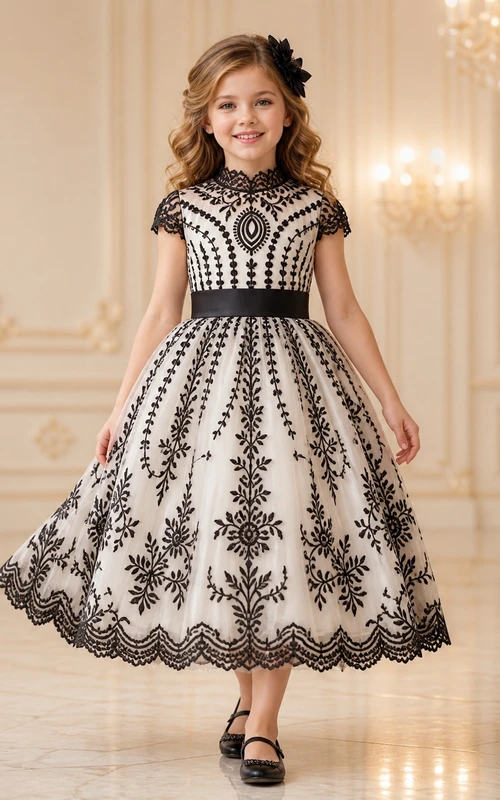 Black Tea-length Ball Gown High Neck Cap Sleeve Lace Flowergirl Dress
