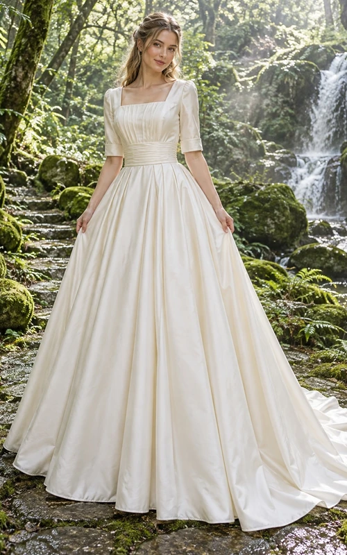 Schlichtes, dezentes Brautkleid mit eckigem Ausschnitt, halben Ärmeln und A-Linien-Schnitt