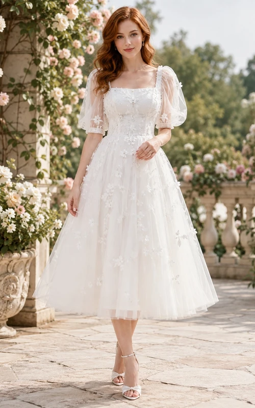 Vestido formal blanco de corte A, largo hasta la rodilla, con escote cuadrado, mangas cortas abullonadas y apliques florales.