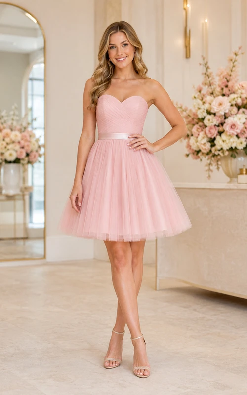 Kurzes, trägerloses, kurzes Tüllkleid in Übergröße aus perlmuttrosa mit herzförmigem Oberteil für den Abschlussball