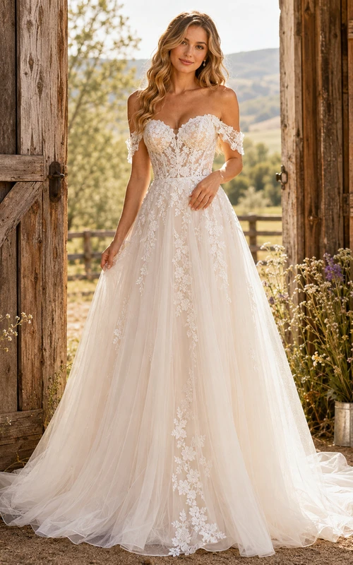 Brautkleid aus ländlicher Spitze und Tüll, A-Linie, schulterfrei, Kapellenschleppe