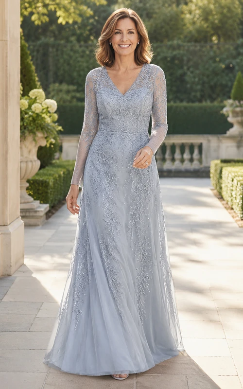 Silberblaues A-Linien-Kleid aus Spitze mit langen Ärmeln