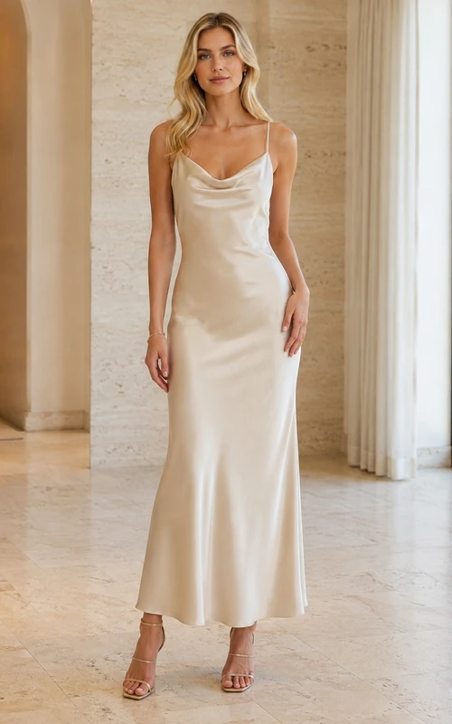 Robe fourreau à bretelles spaghetti et col bénitier couleur champagne en charmeuse, longueur cheville