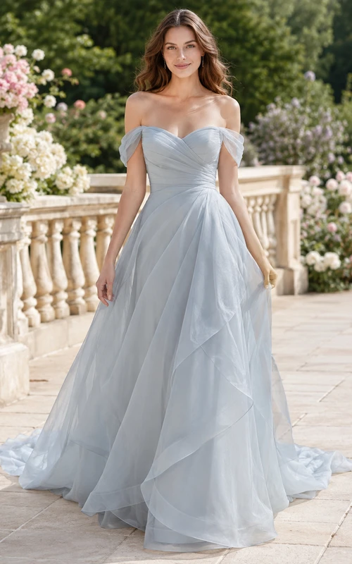 Robe de mariée romantique bleu acier, épaules dénudées, en organza doux, coupe trapèze