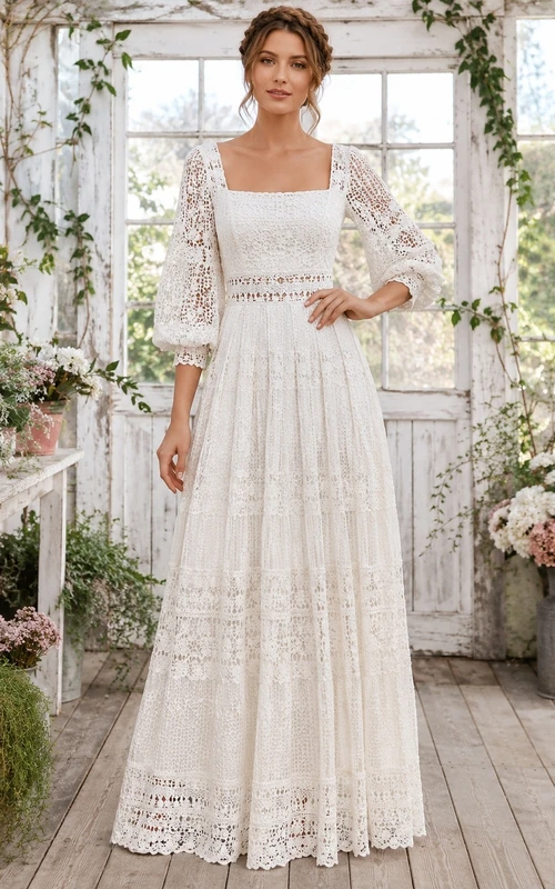 Vestido de novia romántico estilo bohemio con escote cuadrado, mangas de encaje y volantes.