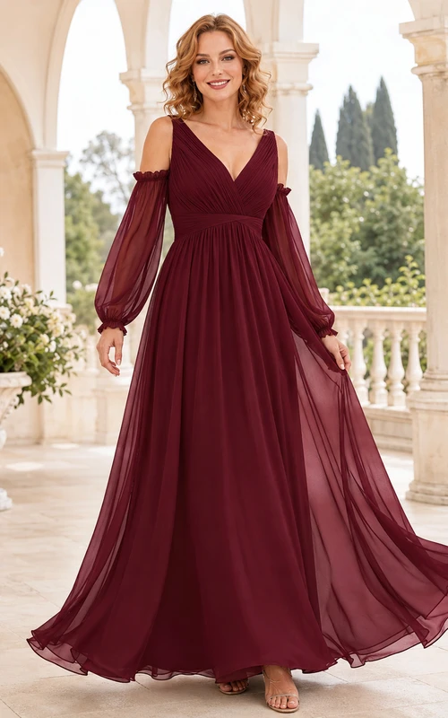 Vestido de gasa color burdeos con escote en V y mangas abullonadas desmontables.