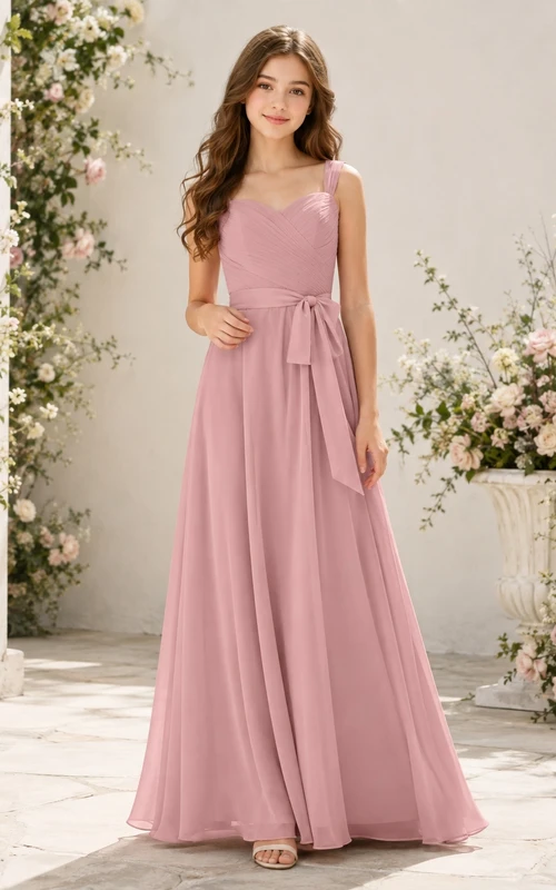 Vestido de dama de honor juvenil color rosa empolvado, corte en A, sin mangas, con detalle de fajín, estilo romántico.