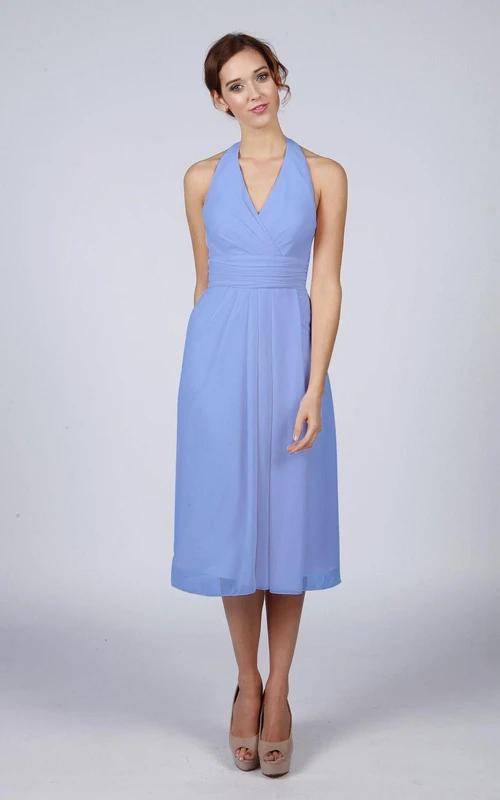 Neckholder-Kleid aus Chiffon in A-Linie, Teelänge, Farbe: Eisvogelblau