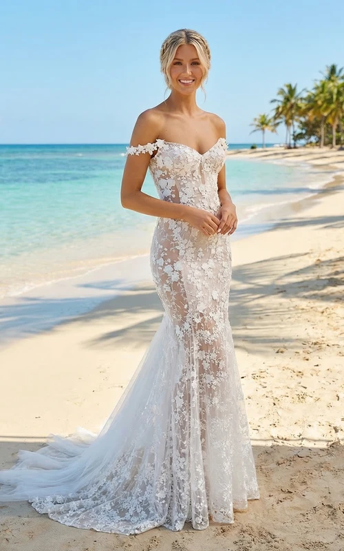 Vestido de novia de sirena con encaje y escote corazón ilusión