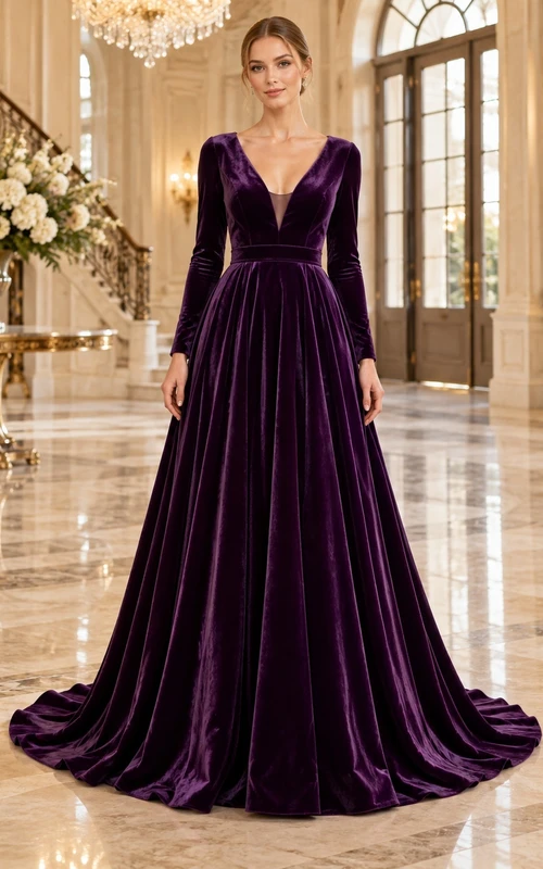 Vestido de noche formal de terciopelo con cuello en V y manga larga, color uva.