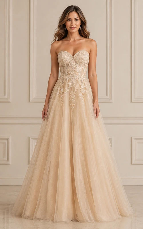 Vestido de novia de gala sin tirantes color champán