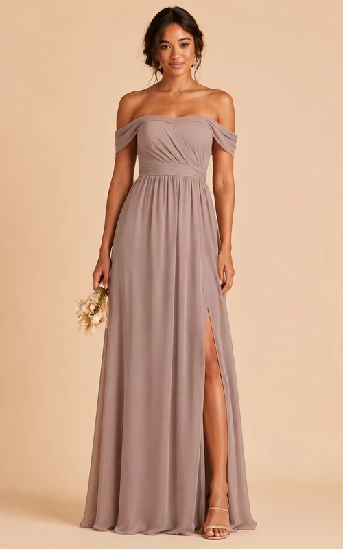 Vestido de dama de honor de gasa color topo con escote Bardot y corte en A