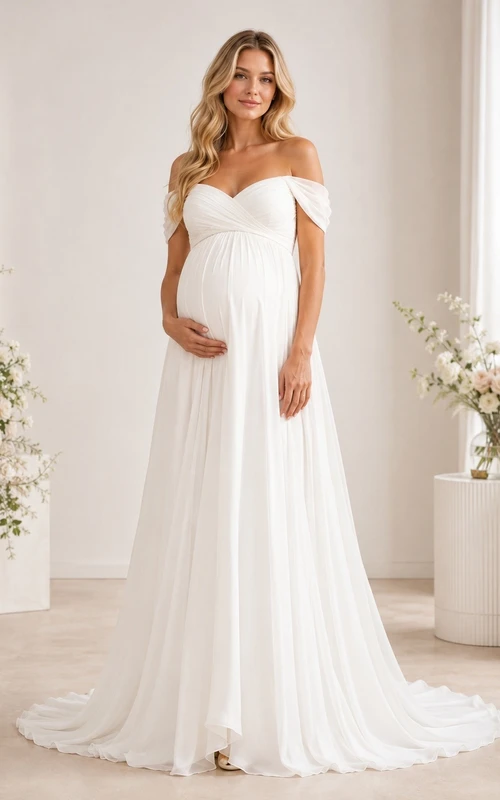 Maternity Empire Off-shoulder Chiffon A-line Sweep Train Formal Gown