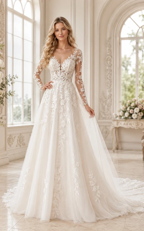 Vestido de novia romántico de manga larga, corte A, escote en V, encaje y cola de capilla.