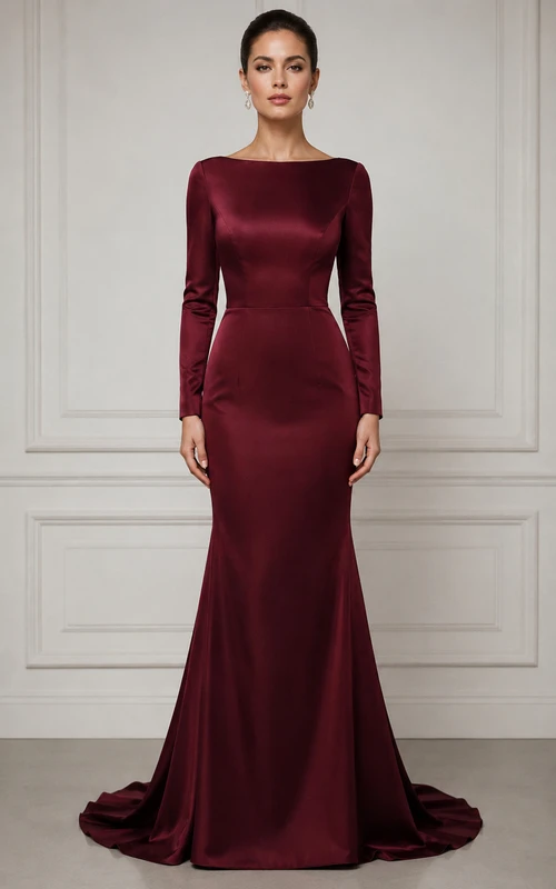 Robe de soirée sirène bordeaux à manches longues style bateau