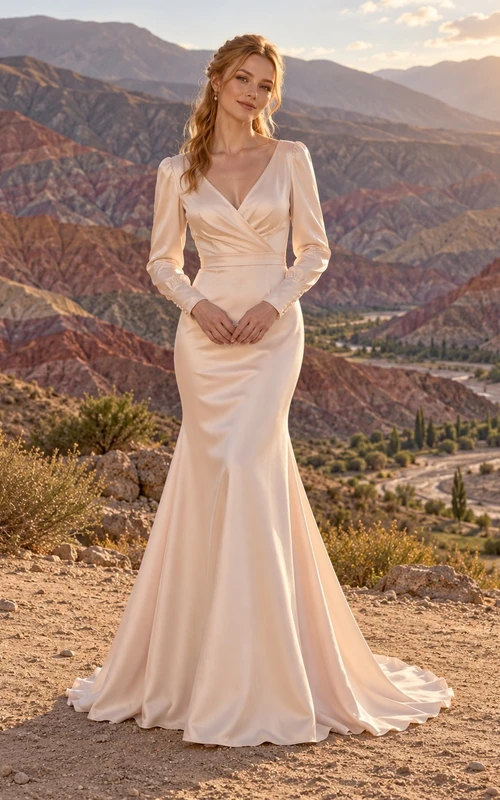 Vestido de novia de satén color rosa empolvado con escote en V y mangas largas, estilo sirena, con corpiño fruncido cruzado.