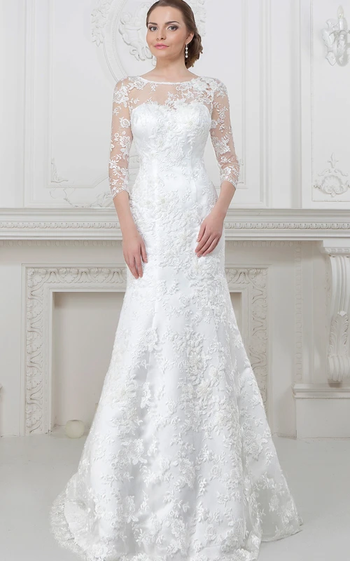 Robe de mariée en dentelle à col rond, coupe trapèze, manches 3 ou 4, effet illusion