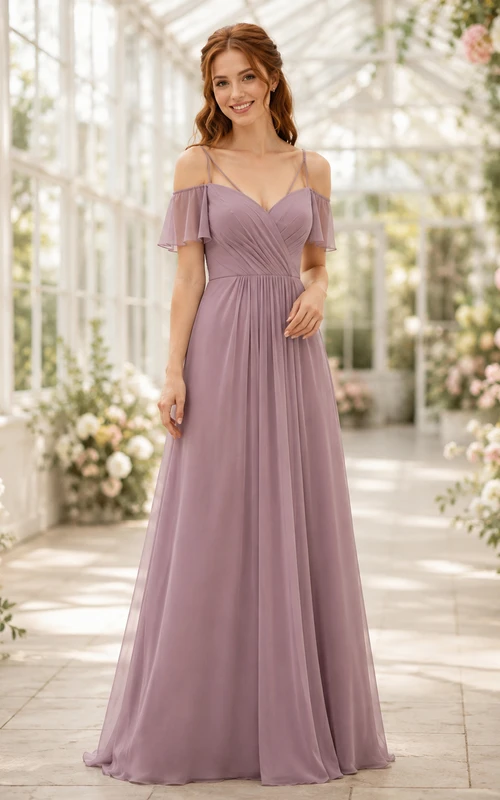 Mauve Off Shoulder Flutter Sleeve Chiffon Floor Length A Line Dress