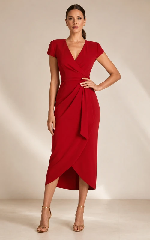 Red Wrap V-neck Tulip Midi Occasion Dress