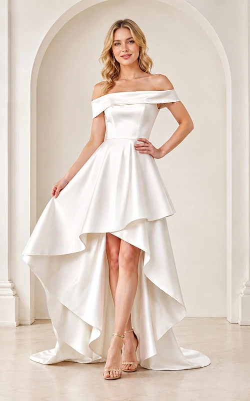 Weißes, schulterfreies A-Linien-Kleid aus Satin mit hohem Beinausschnitt für festliche Anlässe