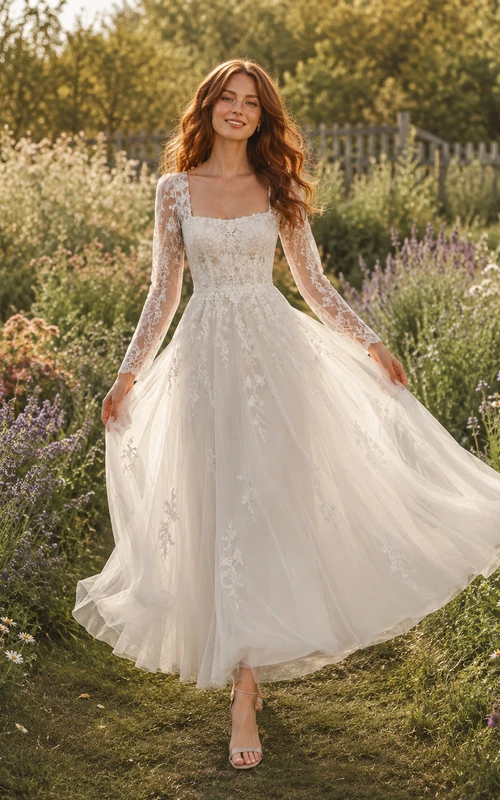 Garden Long Sleeve Lace A-Line Tea-Length Wedding Dress