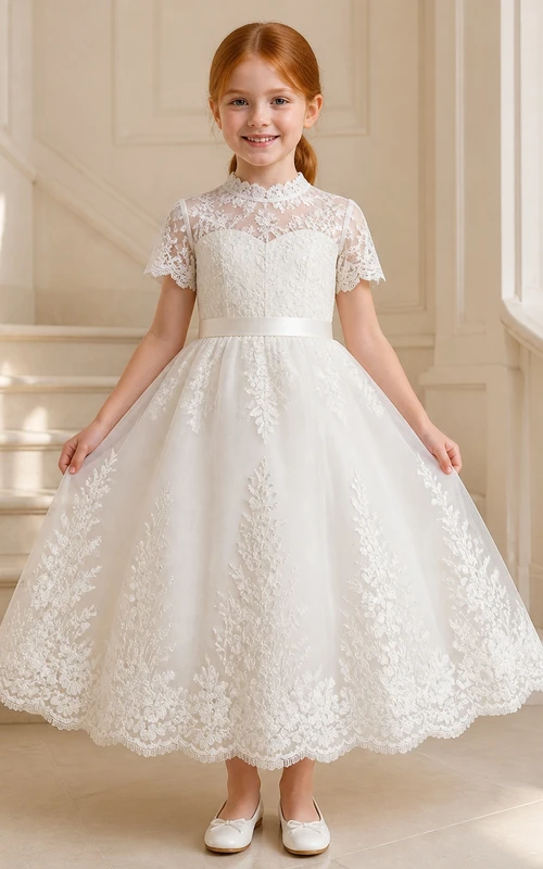 Modest Flower Girl Tea-length A-Line High Neck Lace Dress