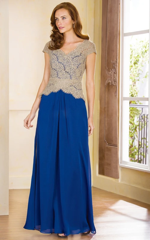 Cap-Sleeved V-Neck Long Chiffon Mother Of The Bride Dress With Lace Bodice