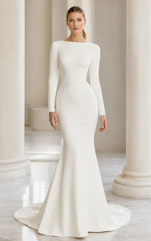 Figurschmeichelndes Brautkleid mit U-Boot-Ausschnitt, langen Ärmeln, Meerjungfrauenschnitt und Schleppe aus Satin