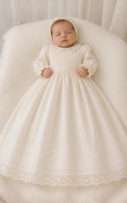 Vestido de bautizo vintage con corpiño plisado, corte en A, manga larga y dobladillo de encaje.