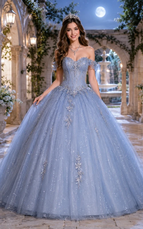 Vestido de baile de princesa para quinceañera, azul cielo, con escote corazón y hombros descubiertos, de tul brillante, iluminado por la luna.