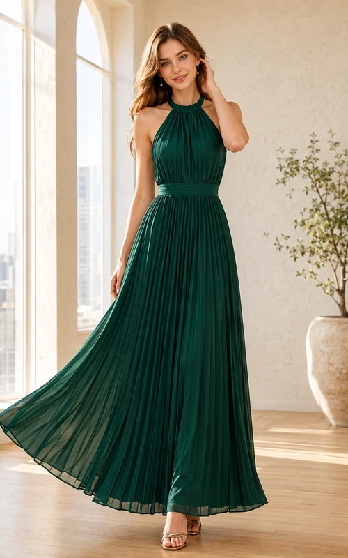 Vestido largo plisado sin mangas con escote halter de gasa verde oscuro