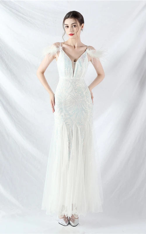Vestido de noche sexy con tirantes, de malla y lentejuelas, hecho a mano con 9 colores y estampado de plumas de camello.