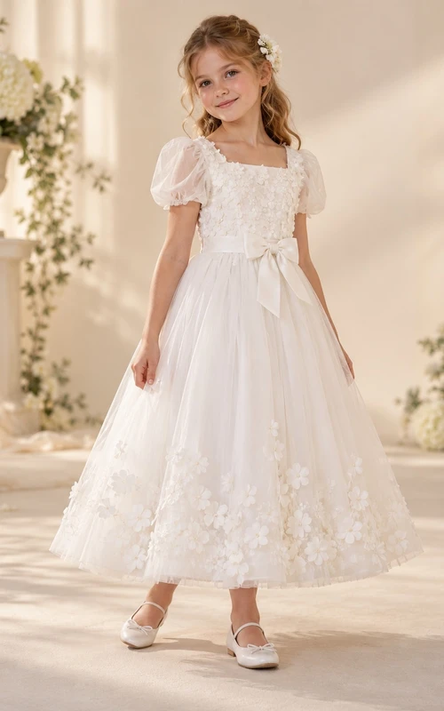 Square Neck Ivory Puff Sleeve Floral Applique Bow Sashed Ankle-length Tulle Flowergirl Dress