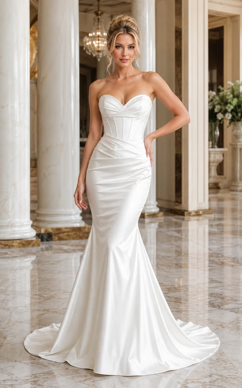 Satin-Brautkleid mit herzförmigem Ausschnitt, trägerlos, gerafft, Meerjungfrauenschnitt und Schleppe