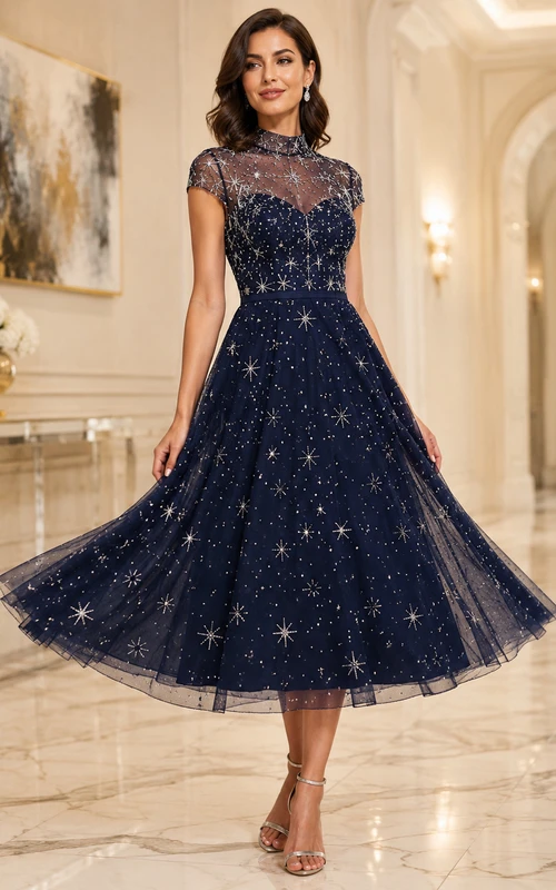 Vestido midi azul marino oscuro de cuello alto con estrellas y mangas cortas de tul para invitadas