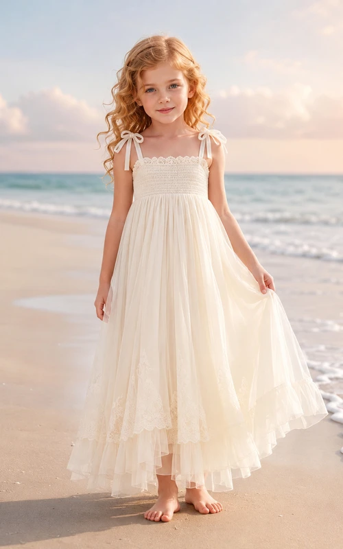 Strandtüll-Blumenmädchenkleid in A-Linie mit Bindebändern, wadenlangem Rock und Schärpenverzierung
