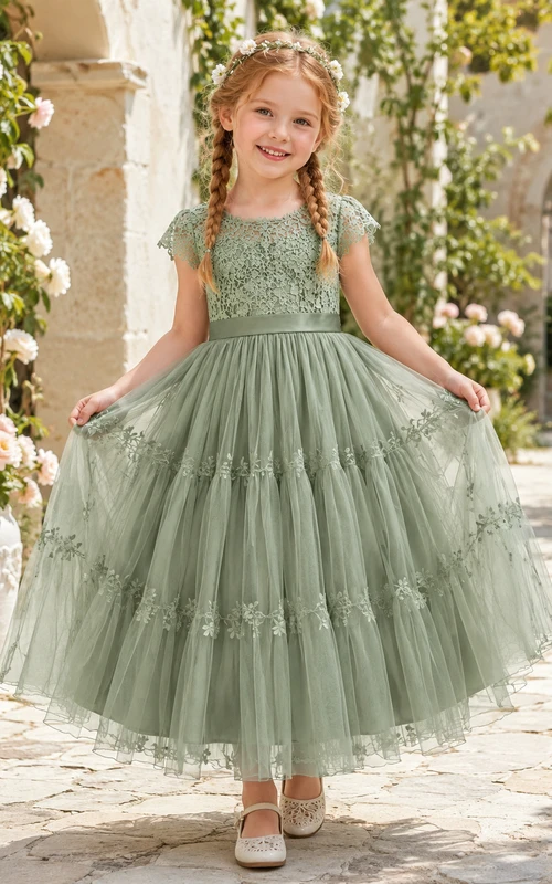 Stufenkleid aus Tüll für Blumenmädchen mit Spitzenoberteil